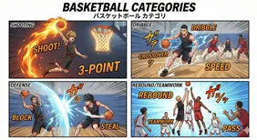 バスケットボールの主要スキルまとめ画像。シュート、ドリブル、守備、リバウンド、チームプレイの5大要素をアニメキャラクターの必殺技風に描いたカテゴリ一覧。バスケ初心者向けの技術解説イラスト。