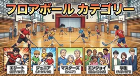フロアボールの5つの競技カテゴリー（エリート、ジュニア、マスターズ、エンジョイ、学生）を紹介するイラスト解説図。体育館で幅広い年代がプレーする様子。