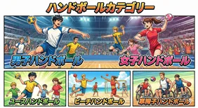 ハンドボールの主要な5つのカテゴリー（男子・女子・ユース・ビーチ・車椅子）を紹介する一覧イラスト。競技の種類を分かりやすく解説したバナー画像。