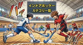 「インドアホッケー カテゴリー一覧」の文字が入ったアニメ風イラスト。体育館の室内コートで、青と赤のユニフォームを着た選手たちがスティックで激しくボールを奪い合う躍動感のある試合風景。