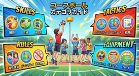 コーフボールの初心者向けカテゴリガイドのインフォグラフィック。スキル（シュート・パス・守備）、戦術（ポジショニング・チームワーク・戦略）、ルール（男女混合・ゾーンプレイ・身体接触禁止）、用具（ボール・バスケット・コート）の4つの基本要素をイラスト付きで解説。