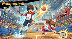 ラケットボールの試合をダイナミックに描いたアニメ風イラスト。屋内コートで激しく打ち合う男女のキャラクターと、熱狂する観客、スピード感のあるエフェクトの描写。