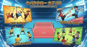 セパタクローの4つの競技カテゴリ（種目）を解説したイラスト図解。3人制のレグ（REGU）、2人制のダブル（DOUBLE）、4人制のクワッド（QUAD）、そして円になって蹴り合うサークル（CIRCLE）の各プレイスタイルと人数、中央にコートのレイアウトが描かれています。