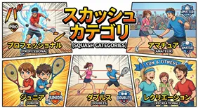スカッシュの5つの競技カテゴリー（プロ、アマチュア、ジュニア、ダブルス、レクリエーション）を解説するアニメ風のイラスト図解。