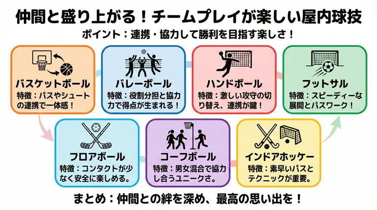 仲間と盛り上がるチームプレイが楽しい屋内球技7選：バスケットボール・バレーボール・ハンドボール・フットサル・フロアボール・コーフボール・インドアホッケーの特徴と連携の魅力図解