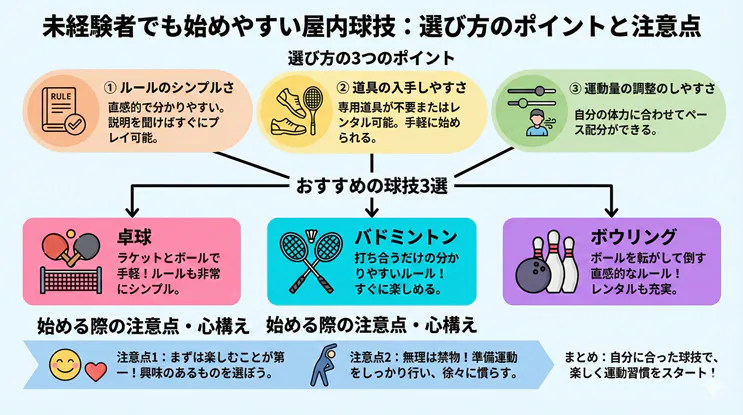 未経験者でも始めやすい屋内球技の選び方とおすすめ3選図解：ルールのシンプルさ・道具の有無・運動量で選ぶ卓球・バドミントン・ボウリングの特徴と楽しむための注意点