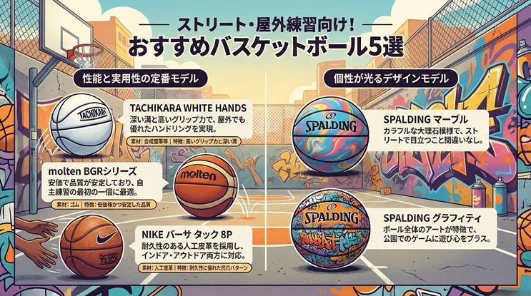 ストリート・屋外練習向けバスケットボールおすすめ5選の比較図解。実用性モデルとしてTACHIKARA WHITE HANDS、molten BGRシリーズ、NIKE バーサタック8P、デザインモデルとしてSPALDINGのマーブルとグラフィティの特徴や素材を紹介。