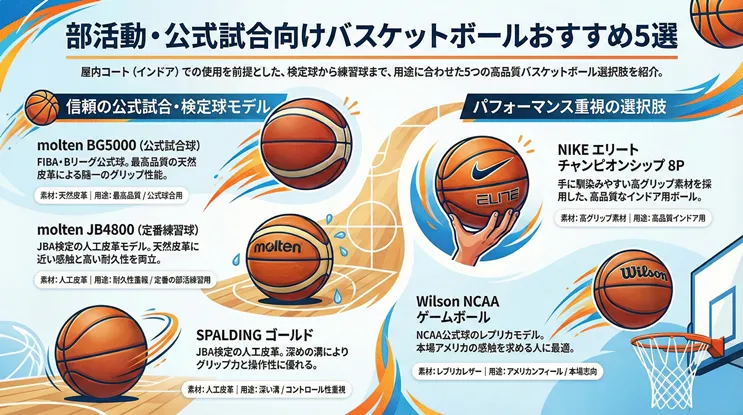 部活動・公式試合向けバスケットボールおすすめ5選の比較一覧。屋内コート用として、FIBA・Bリーグ公式球の「molten BG5000(天然皮革)」、JBA検定の定番練習球「molten JB4800(人工皮革・高耐久)」、グリップ力に優れた「SPALDING ゴールド」、パフォーマンス重視の「NIKE エリート チャンピオンシップ 8P」、本場アメリカの感触を再現した「Wilson NCAA ゲームボール」の5種類の素材・用途・特徴を紹介した解説画像。