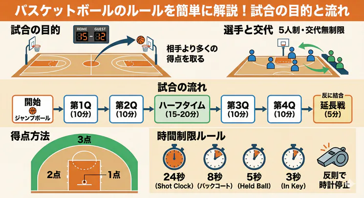 バスケットボールのルールを簡単に解説した図解。試合の目的、人数（5人制）、試合の流れ（クォーター時間・ハーフタイム）、得点方法（3点・2点・1点）、24秒などの時間制限ルールをまとめたイラストチャート