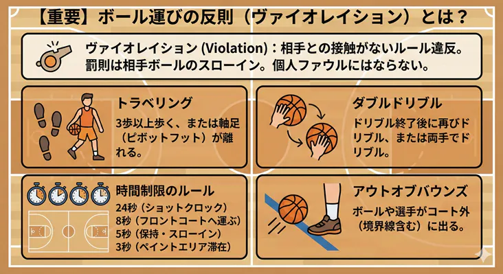バスケットボールのヴァイオレイション（反則）の種類を解説した図解。トラベリング、ダブルドリブル、アウトオブバウンズ、時間制限のルール（3秒・5秒・8秒・24秒）の違いをイラストで一覧化