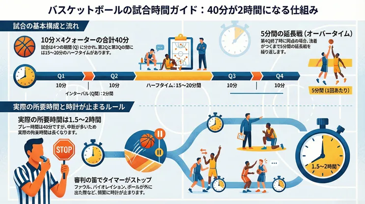 バスケットボールの試合時間ガイドの図解。10分×4クォーター（合計40分）の構成、インターバル2分、ハーフタイム15〜20分の流れを解説。審判の笛（ファウル、バイオレイション、アウトオブバウンズ）で時計が止まるルールにより、実際の所要時間が1.5〜2時間になる仕組みや、5分間の延長戦（オーバータイム）についても説明しています。