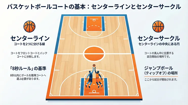 バスケットボールコートの基本図解:センターラインとセンターサークルの位置・役割・ルールを解説。センターラインはコートをフロントとバックに分割し「8秒ルール」の基準となる線。センターサークルはコート中央にあり、試合開始時のジャンプボール(ティップオフ)が行われる場所。