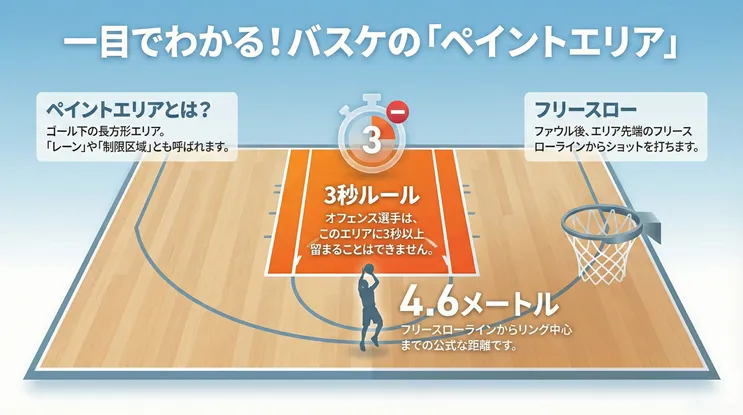 バスケットボールのペイントエリア(制限区域)解説図解。オフェンスの3秒ルールやフリースローラインからリングまでの公式距離4.6メートルをイラストで説明