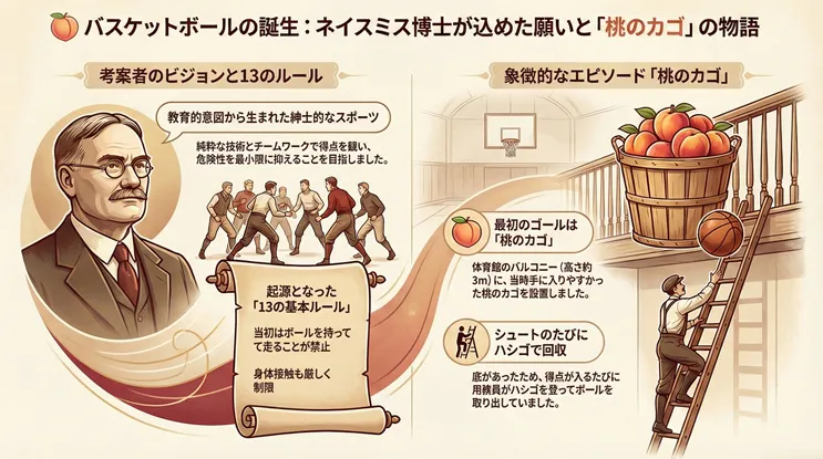 バスケットボールの誕生と歴史：考案者ジェームズ・ネイスミス博士の「13の基本ルール」と、最初のゴールである「桃のカゴ」のエピソードを図解したインフォグラフィック