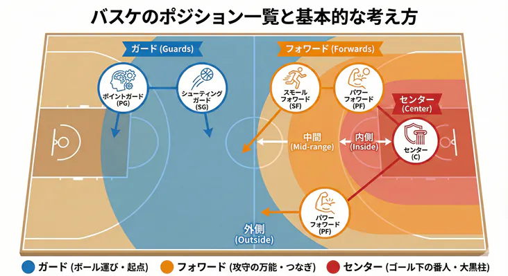 バスケットボールのポジション一覧と役割(PG・SG・SF・PF・C)を解説した配置図。ガード、フォワード、センターの基本的な動きやコート上の位置取りをまとめています。