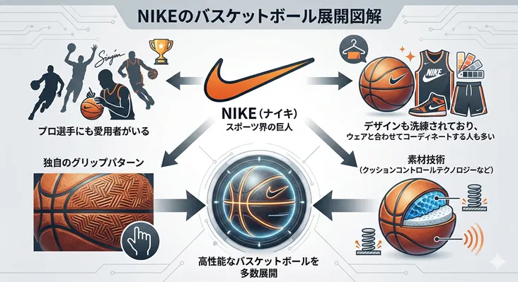 NIKE(ナイキ)のバスケットボール展開図解:独自のグリップパターンやクッションコントロールなどの素材技術、洗練されたデザインとウェアのコーディネート、プロ選手の愛用という4つの特徴から、スポーツ界の巨人が展開する高性能なバスケットボール製品の魅力を解説したインフォグラフィック。