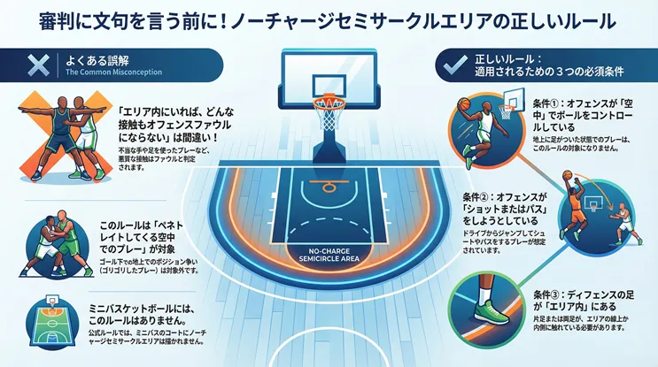 バスケットボールのルール図解:ノーチャージセミサークルエリアの正しい適用条件(空中のプレー・足の位置)とオフェンスファウルに関するよくある誤解