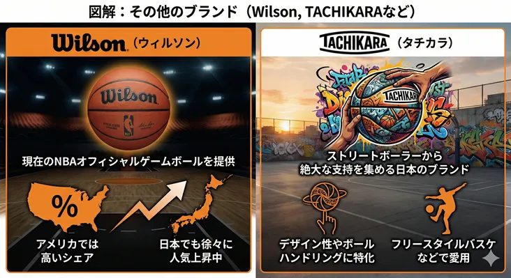 バスケットボールブランドの比較図解:NBA公式球のWilson(ウィルソン)と、ストリートやフリースタイルで人気の日本ブランドTACHIKARA(タチカラ)の特徴