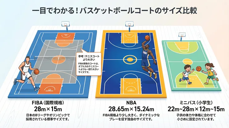 バスケットボールコートのサイズ比較図解:FIBA国際規格(28m×15m)、NBA(28.65m×15.24m)、ミニバス(小学生用)の大きさの違いと公式寸法
