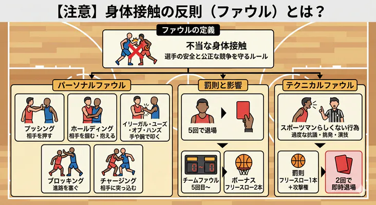 バスケットボールのファウルの種類と罰則の図解：パーソナルファウル（プッシング・ホールディング・チャージング等）とテクニカルファウルの違い、退場ルールを解説