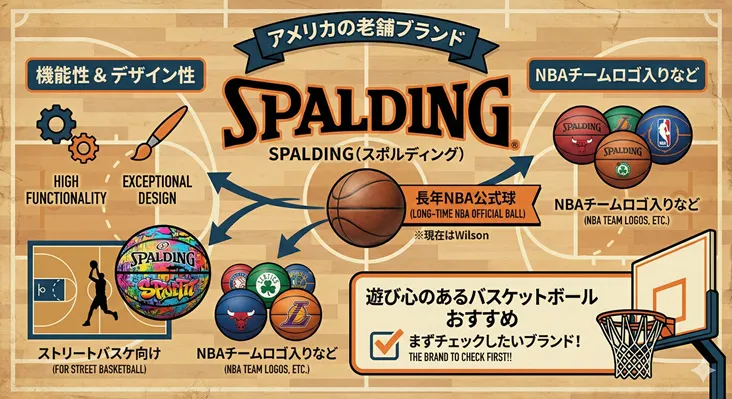 SPALDING(スポルディング)バスケットボールの特徴解説図。アメリカの老舗ブランドで、機能性と高いデザイン性が魅力。ストリートバスケ向けのカラフルなボールや、長年NBA公式球を務めた実績、NBAチームロゴ入りモデルなど種類が豊富。「遊び心のあるバスケットボール」として最初におすすめしたいブランド。