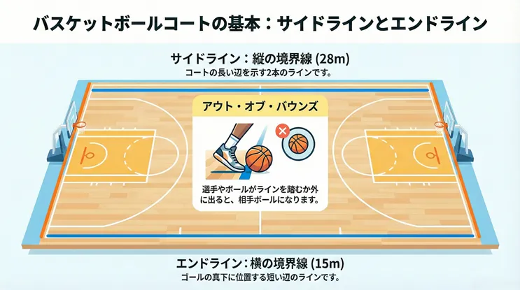 バスケットボールコートの基本図解:サイドライン(28m)とエンドライン(15m)の名称と位置、アウト・オブ・バウンズのルール(ラインを踏むと相手ボール)をイラストで解説