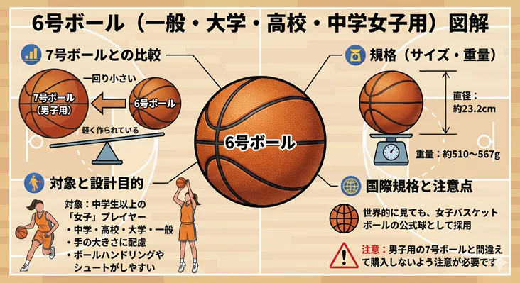 バスケットボール6号球(一般・大学・高校・中学女子用)のサイズと規格を解説した図解。男子用7号ボールと比較して一回り小さく軽量(直径約23.2cm・重量約510g〜567g)に設計されており、手の小さい女性でもハンドリングやシュートがしやすいのが特徴。女子バスケットボールの国際公式球としての採用情報や、購入時の注意点も網羅したインフォグラフィック。