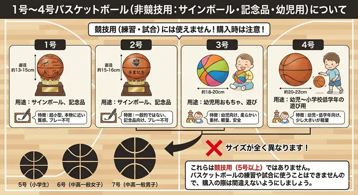 バスケットボール1号・2号・3号・4号のサイズと用途の違いを解説した比較表。非競技用(サインボール・記念品・幼児用おもちゃ)としての特徴や直径、競技用ボール(5号・6号・7号)との大きさの違い、練習や試合には使用できない点について詳細に記載。