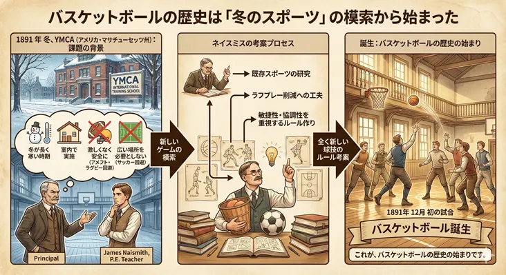 バスケットボールの歴史と起源を解説した図解。1891年冬、アメリカのマサチューセッツ州YMCAにて、体育教師ジェームズ・ネイスミスが「冬のスポーツ」としてバスケットボールを考案するまでのプロセス。寒さで屋外競技ができない課題に対し、ラフプレーを排除した安全な室内ルールの策定を経て、1891年12月に桃の籠を使った最初の試合が行われるまでの誕生秘話が描かれている。
