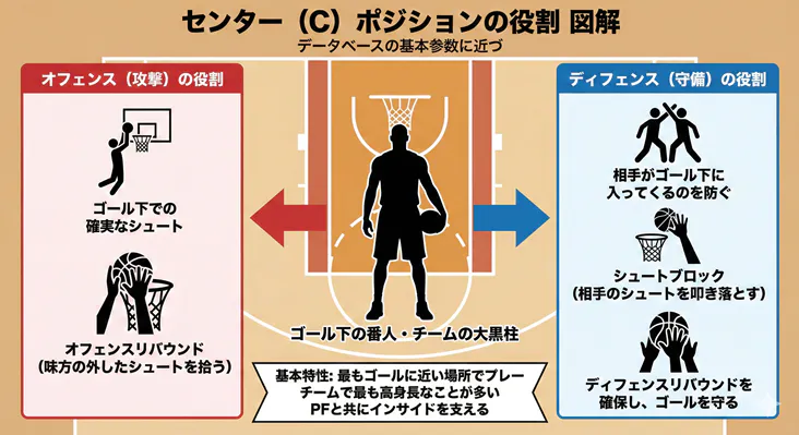 バスケットボールのセンター(C)ポジションの役割と特徴をまとめた図解。オフェンス(ゴール下のシュート、リバウンド)とディフェンス(シュートブロック、ゴール下の守備)の具体的な動きや、「チームの大黒柱」としての特性をイラストで解説。