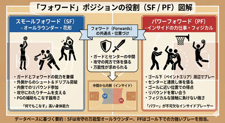 バスケットボールのフォワード(SF・PF)の役割と違いを解説した図解。スモールフォワードのオールラウンドな特徴と、パワーフォワードのゴール下での強さや位置取りを比較。