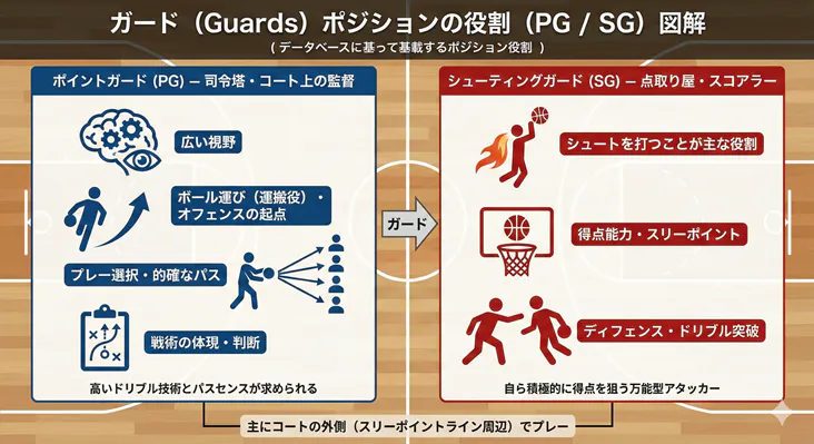 バスケのガードポジション(PG・SG)の役割と違いの図解。司令塔としてのポイントガードと点取り屋(スコアラー)としてのシューティングガードの特徴一覧