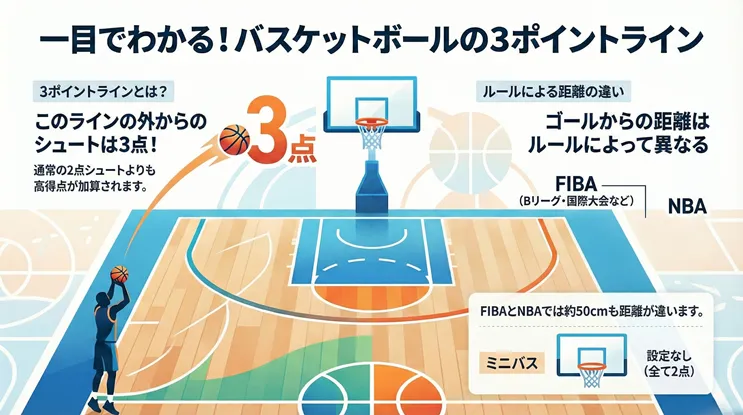 バスケットボールの3ポイントラインの距離とルールの違いを解説した図解|NBA・FIBA(Bリーグ)・ミニバスの比較