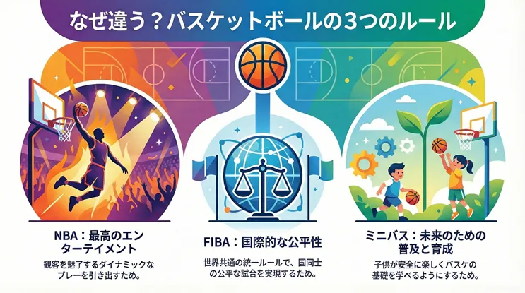 バスケットボールのルールやコートサイズが違う理由の比較図解。NBAは「最高のエンターテイメント」、FIBAは「国際的な公平性」、ミニバスは「未来のための普及と育成」と、それぞれの目的の違いがルールの差であることを解説しています。