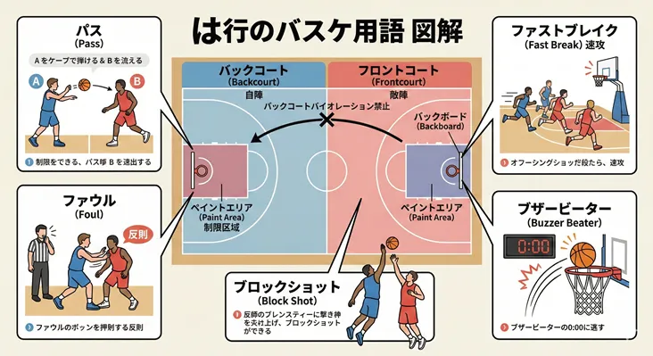 バスケ用語図解「は行」：パス、ファウル、ブロックショット、ファストブレイク（速攻）、ブザービーターの解説。中央にはバスケットコートのバックコート、フロントコート、ペイントエリア、バックボードの名称と位置関係を示すイラスト。