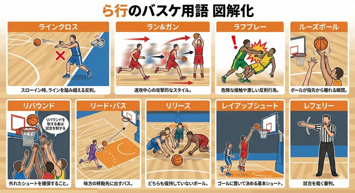 バスケットボール用語「ら行」の図解一覧インフォグラフィック。ラインクロス（スローインの反則）、ラン＆ガン（速攻主体の攻撃）、ラフプレー（危険な接触）、ルーズボール（確保されていないボール）、リバウンド（シュート後のボール確保）、リードパス（移動先へのパス）、リリース（ボールが離れる瞬間）、レイアップシュート（基本のシュート）、レフェリー（審判）の計9項目をイラスト付きで解説。
