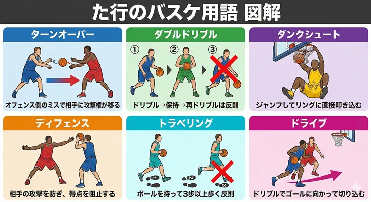バスケットボールの「た行」用語図解。ターンオーバー、ダブルドリブル、ダンクシュート、ディフェンス、トラベリング、ドライブの6つの基本用語をイラストと文章で分かりやすく解説した初心者向けガイド画像。