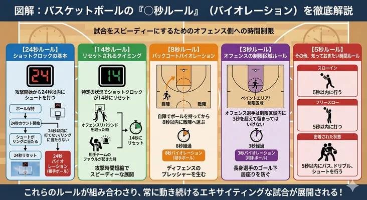 バスケットボールのバイオレーション『◯秒ルール』を徹底解説した図解。24秒ショットクロック、14秒リセット、8秒バックコート、3秒ペイントエリア、5秒スローインなど、オフェンスの時間制限ルールをイラストで一覧表示。