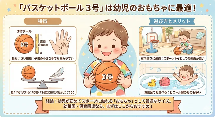 幼児のおもちゃに最適な「バスケットボール3号」のメリットと特徴を解説した図解。直径約18cmの最小規格で子供の小さな手でも掴みやすく、軽量で安全なため幼稚園・保育園児のスポーツデビューにおすすめ。室内でのスポーツトイとしての活用や、ビニール製ならお風呂遊びもできる点など、3号ボールの遊び方も紹介されている。