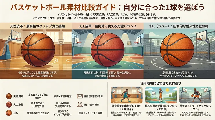 バスケットボール素材比較チャート:天然皮革・人工皮革・ゴムの特徴、耐久性、グリップ力の違いと、屋内・屋外(ストリート)などプレイ環境に合わせた選び方を解説したガイド