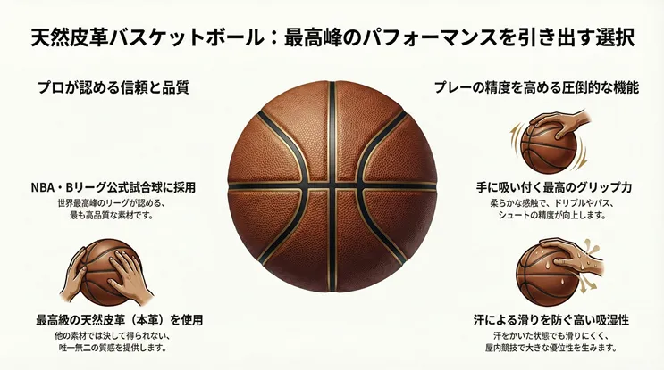 天然皮革バスケットボールの特徴解説図:NBA・Bリーグ公式試合球にも採用された最高級の本革を使用。手に吸い付く高いグリップ力と、汗による滑りを防ぐ優れた吸湿性で、最高峰のパフォーマンスを引き出すプロ仕様のボール。