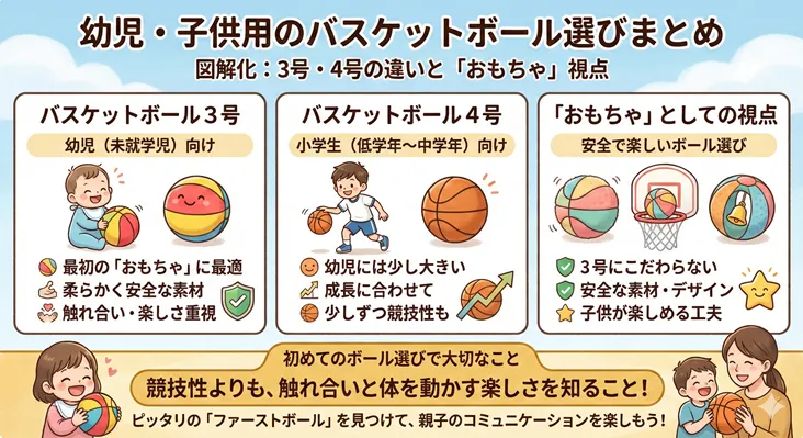幼児・子供用バスケットボールの選び方まとめ図解。3号(未就学児・おもちゃ向け)と4号(小学生・低学年向け)のサイズの違いや、安全な素材・楽しさを重視したボール選びのポイントを比較一覧で解説。競技性よりも親子の触れ合いを重視したファーストボールの重要性を説くイラスト。