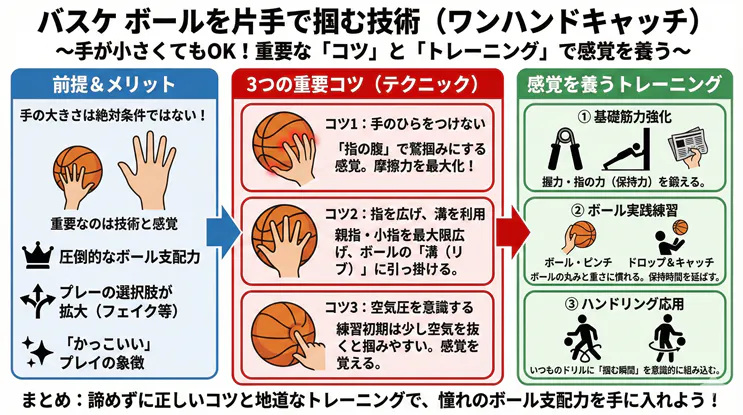 バスケでボールを片手で掴む「ワンハンドキャッチ」のコツと練習方法の図解。手が小さい人向けの指の使い方や握力トレーニングも解説。