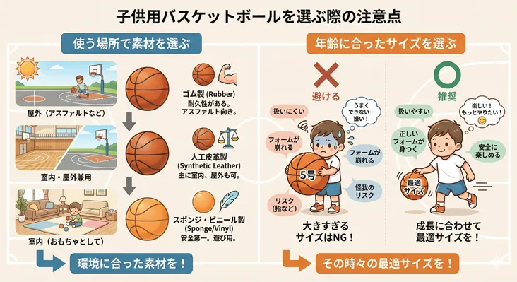 子供用バスケットボールを選ぶ際の注意点まとめ。屋外アスファルトや室内など使う場所に合わせた素材(ゴム・人工皮革・スポンジ)の選び方と、上達や怪我防止のために年齢・成長に合ったサイズを選ぶ重要性を解説した図解。