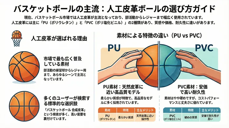 バスケットボールの主流である人工皮革(合成皮革)ボールの選び方ガイド。PU(ポリウレタン)とPVC(ポリ塩化ビニル)の素材の違いを比較図解。天然皮革に近い柔らかさを持つ高品質なPUと、安価で耐久性に優れたPVC、それぞれの特徴やメリット(質感・価格・耐久性)を解説。