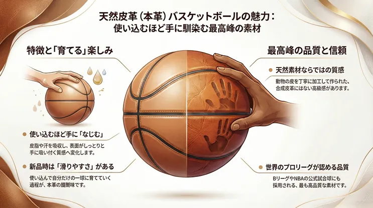 天然皮革(本革)バスケットボールの魅力と特徴を解説した図解。使い込むほど手に馴染みグリップ力が増す「育てる楽しみ」と、NBAやBリーグ公式球にも採用される「最高峰の品質」をイラストで紹介。新品時の滑りやすさや天然素材ならではの質感についても記載されています。