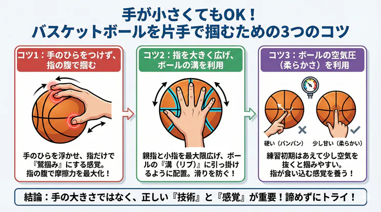 手が小さくてもOK！バスケットボールを片手で掴む（鷲掴み）ための3つのコツを解説した図解。指の腹で摩擦力を高める方法、ボールの溝（リブ）を利用する指の広げ方、練習時の空気圧調整テクニックをイラストで紹介。