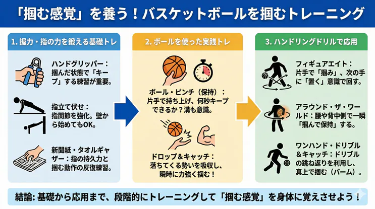 バスケットボールを掴む感覚を養うための段階的トレーニング図解。握力や指の力を鍛える基礎練習から、ボールを使ったパームのコツ、フィギュアエイトなどのハンドリング応用まで、3ステップの練習メニューをイラストで解説。