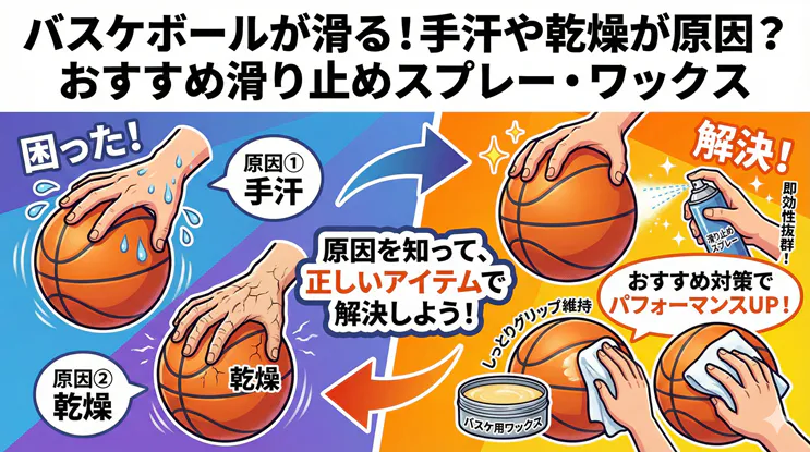バスケットボールが滑る原因（手汗・乾燥）とおすすめの滑り止めスプレー・ワックスの対策図解