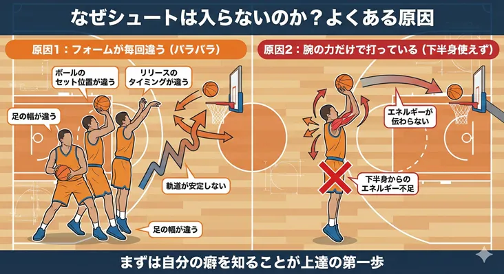 バスケットボールのシュートが入らないよくある原因の図解。フォームが毎回違う(バラバラ)ことや、下半身を使えず腕の力だけで打つ「手打ち」が軌道を不安定にする理由を解説。